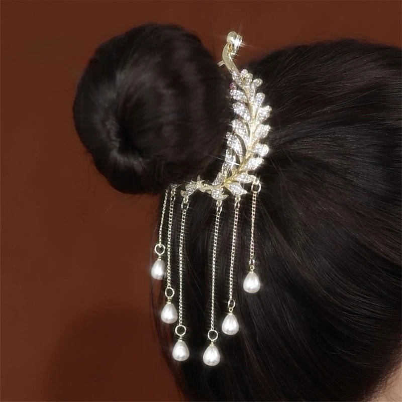 Mewah Berlian Imitasi Mengkilap Rumbai Ponytail Clip Hair Clip Vintage Pearl Hair Clip Bridal Hiasan Kepala Hiasan Rambut