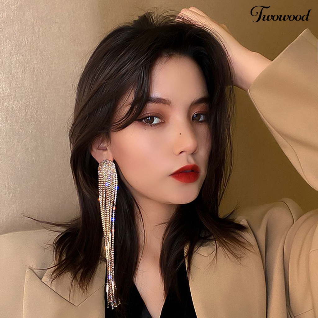 Twowood 1pasang Drop Earrings Shiny Panjang Rumbai Penuh Berlian Imitasi Temperamen Berkilau Berdandan Hadiah Wanita Menjuntai Anting Pesona Perhiasan Aksesori Busana