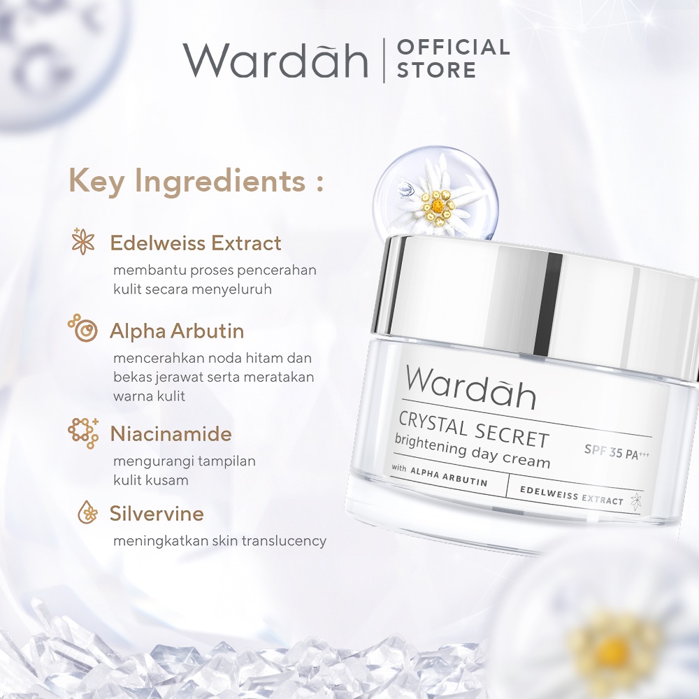 WARDAH Crystal Secret Brightening Day Cream Indonesia / Pelembab Wajah 9ml 15ml 30g / SPF 35 PA+++ / With Alpha Arbutin Edelweiss Extract / Moisturizes And Protects Skin From UVA/UVB Crystal Bright Skin / Skincare Face Care Series / Pagi Malam Night Krim