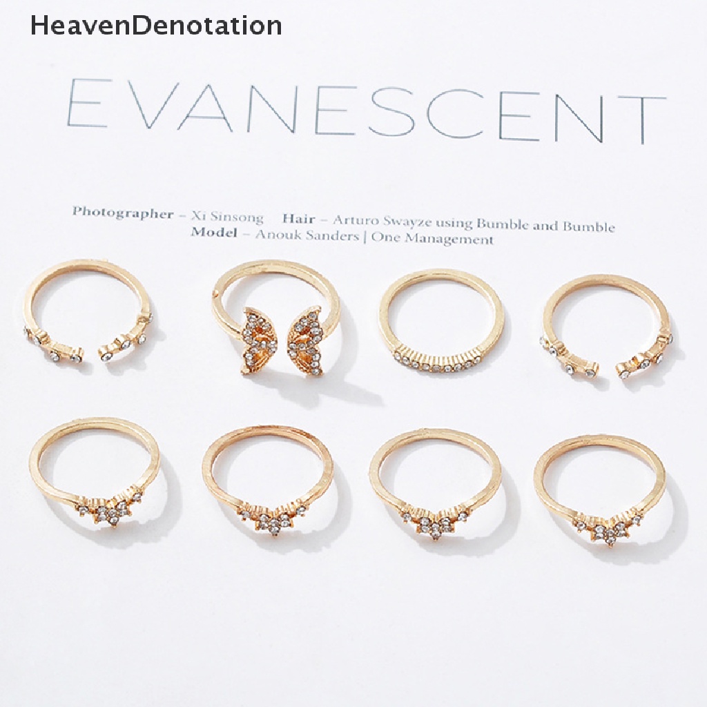 [HeavenDenotation] 8pcs/set Bohemian Kupu-Kupu Cincin Set Untuk Wanita Fashion Temperamen Berlian Bertatahkan Bunga Buku Jari Cincin Perempuan Pesona Perhiasan Hadiah HDV