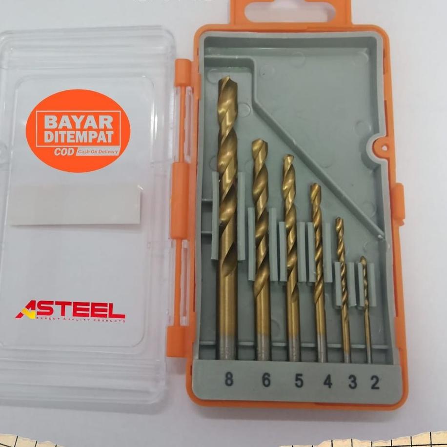 Terlaris MATA BOR BESI HSS STEEL TITANIUM SET 6 PCS TWIST DRILL SET DRILL BITS HSS TITANIUM ASTEEL -