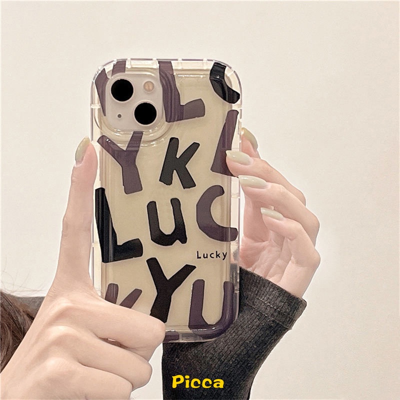 Ins Bening Airbag Shockproof Case Kompatibel Untuk IPhone 7plus 8plus 11 6 6S 7 8 Plus 14 13 12 Pro MAX XR X XS MAX Lucky Huruf Alfabet Sederhana TPU Lembut Penutup Belakang Anti Jatuh