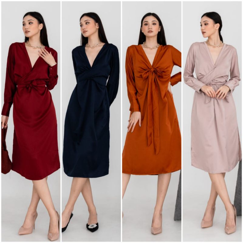 ⚡️CLEARANCE SALE ♡ PREMIUM ♡ REAL PIC ! SYELLAR TUNIK V-NECK MULTIWAYS OBI TIED LONG SLEEVE SLIT MIDI DRESS