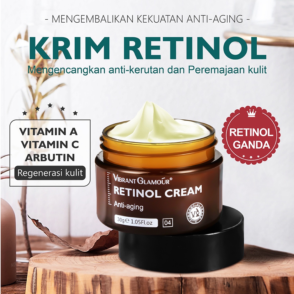 [BPOM] VIBRANT GLAMOUR Set Retinol Cream + Vitamin C Serum / (Krim Siang+Malam) Anti-penuaan dan menghilangkan kerutan, menghilangkan flek wajah, pelembab pemutih, mencerahkan kulit, mengurangi kulit kusam