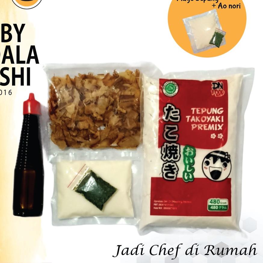 

☞ PAKET BAHAN TAKOYAKI LENGKAP 50 Butir Halal │ Tepung, Katsuobushi, Saus Takoyaki, Aonori ➲