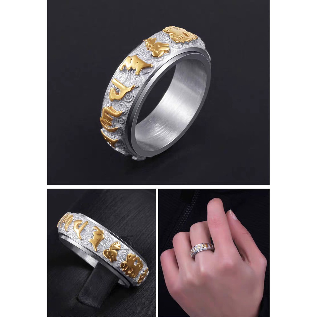 Cincin Bahan Titanium Steel Desain Buddha Dapat Diputar | Sanskrit Cincin Stainless Steel Motif Tulisan Enam Kata-Kata | Aksesoris Gaya Kepribadian Untuk Pria Dan Wanita