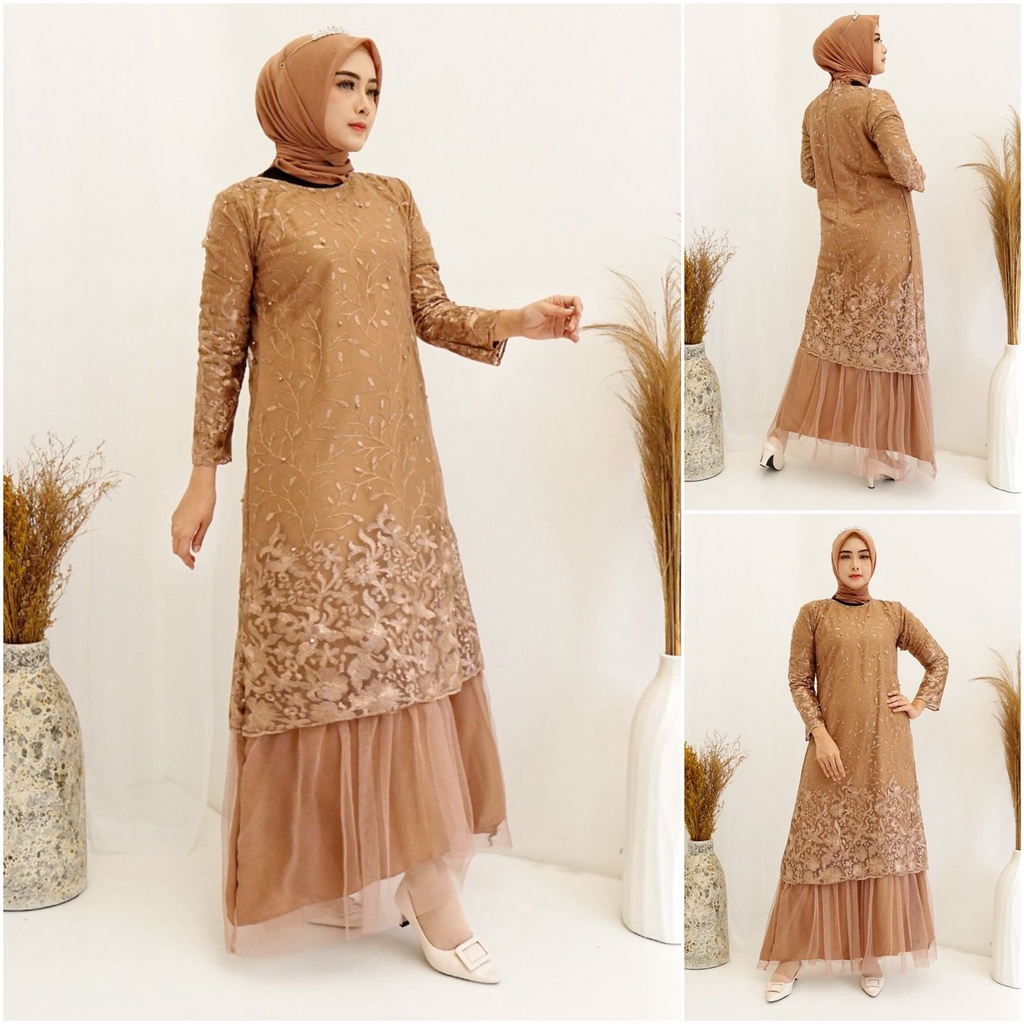 (Pasti RealPict) Gamis Arini FULL Tile Bordir Mutiara Glitter Brukat Tulle Brokat Maxi Dress Pesta