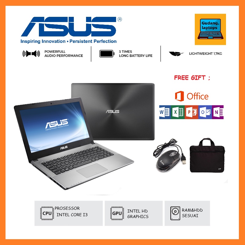 Laptop Asus Intel Core i3 Ram 8gb Ssd 256gb Layar 14" Windows 10