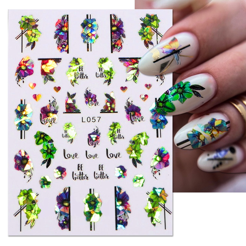 3d Stiker Kuku Warna-Warni Bunga Daun Perekat Diri Transfer Surat Garis Slider Nail Art Decals Aksesoris Manicure Dekorasi