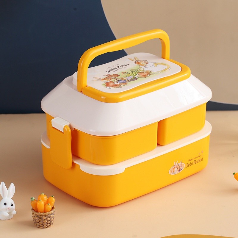 KOTAK MAKAN ANAK CUTE 2 SUSUN / LUNCH BOX KOTAK BEKAL FREE SENDOK GARPU