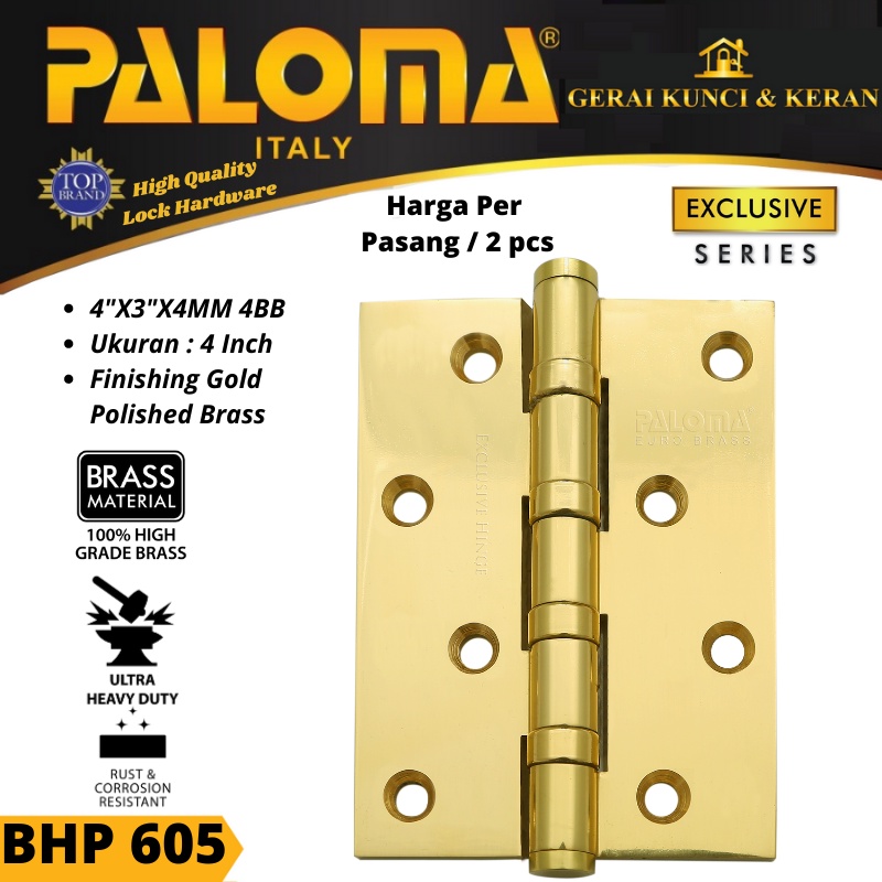 ENGSEL PINTU PALOMA BHP 605 BRASS 4&quot;X3&quot;X4MM 4BB BRASS GOLD PB