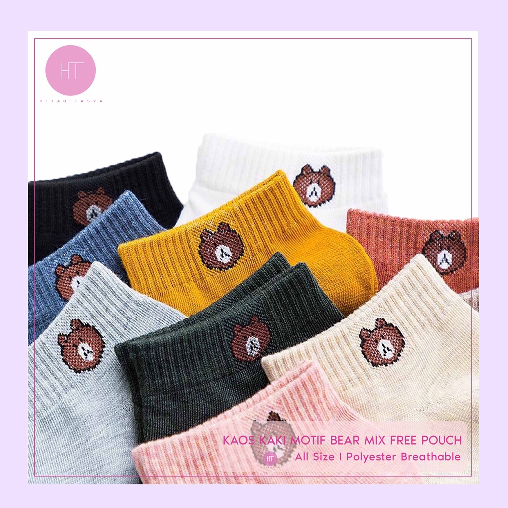 Kaos Kaki Pendek Motif Bear - Free Pouch (Warna Mix)