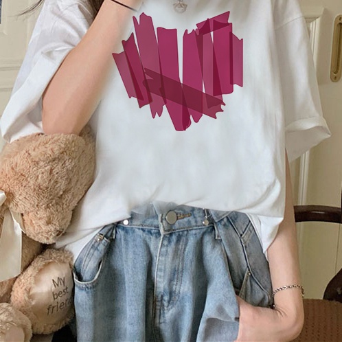 Print T-shirt Kaos Lengan Pendek Pink Graffiti Heart Atasan Wanita Oversize Korean Style