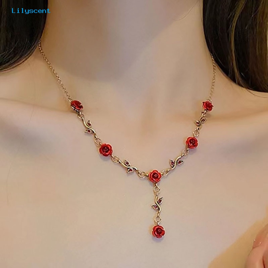 [LS] 1set Wanita Rose Kalung Gaya Perancis Retro Elegan Rantai Emas Peri Hadiah Adjustable Bunga Merah Gelang Stud Anting Kit Perhiasan Aksesoris