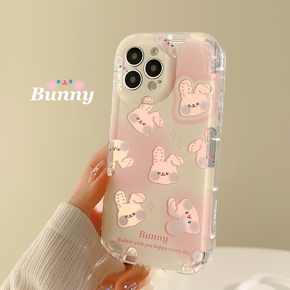 IPHONE Lucu Kartun Pink Bunny Kelinci Transparan Laser Film Ponsel Case Cover Untuk Iphone11 12 13 14 PLUS PRO MAX Perlindungan Penuh Soft Shell