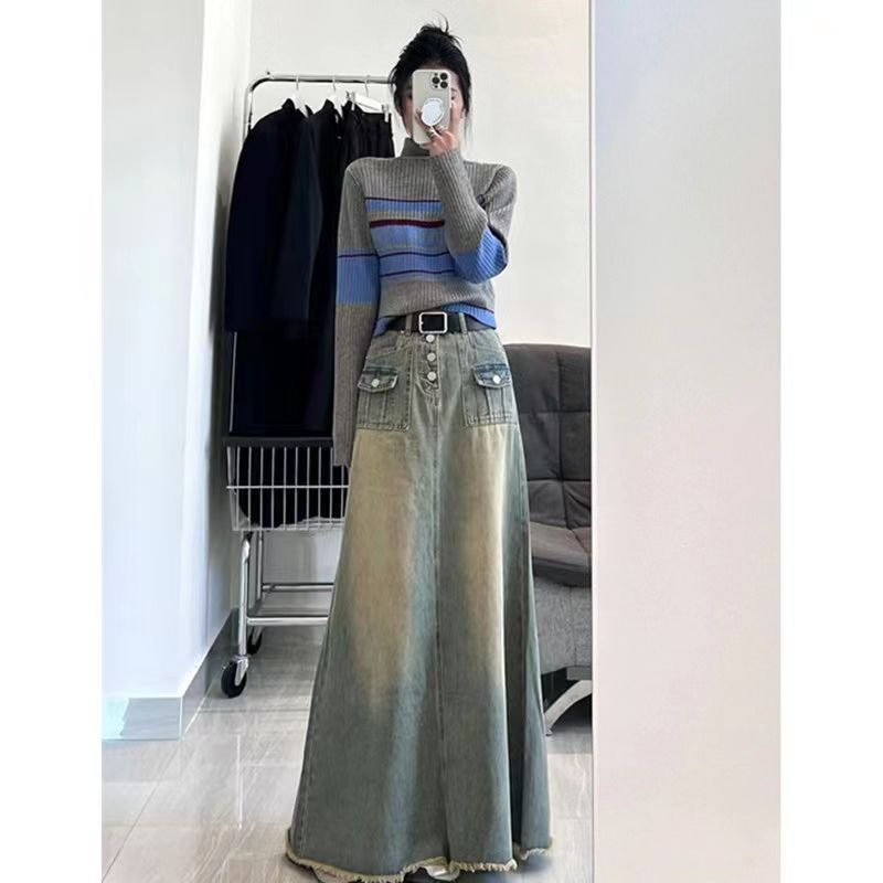 Red Tinggi 170 Versi Panjang American Retro Denim Rok 2023 Baru A-line Rok Panjang Rok Longgar