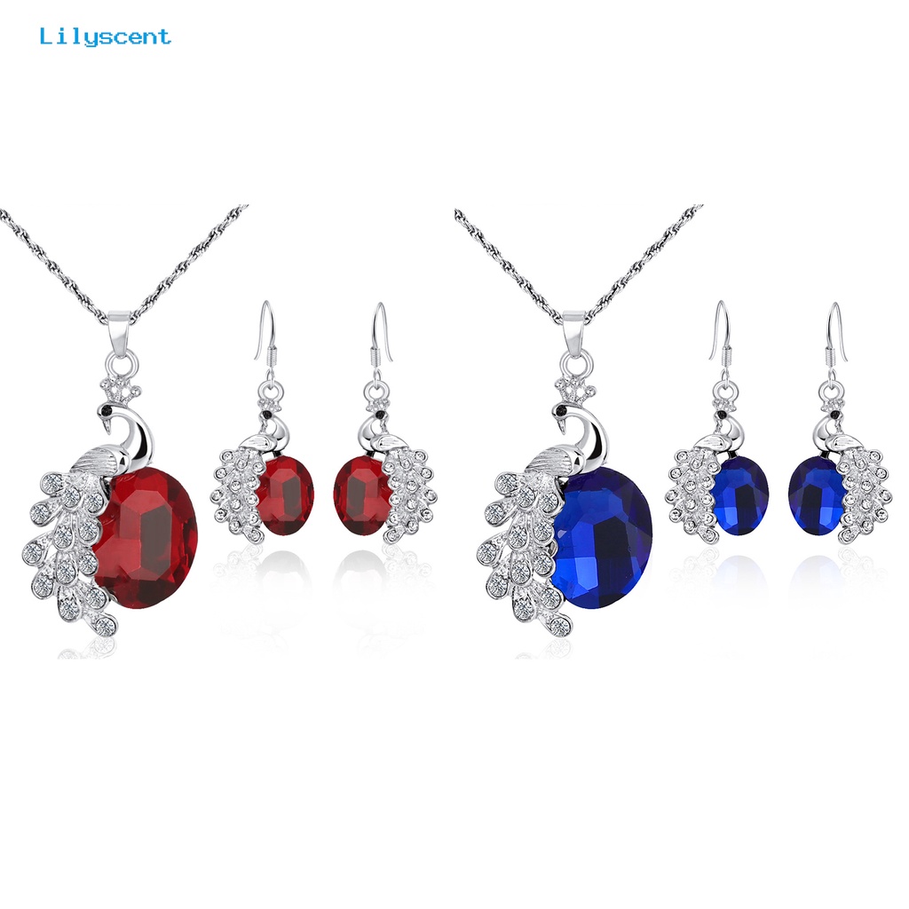 [LS] 2pcs/set Kalung Anting Set Biru Kristal Imitasi Kepribadian Glitter Indah Bentuk Merak Hias Berlian Imitasi Liontin Anting Kalung Perhiasan Aksesori