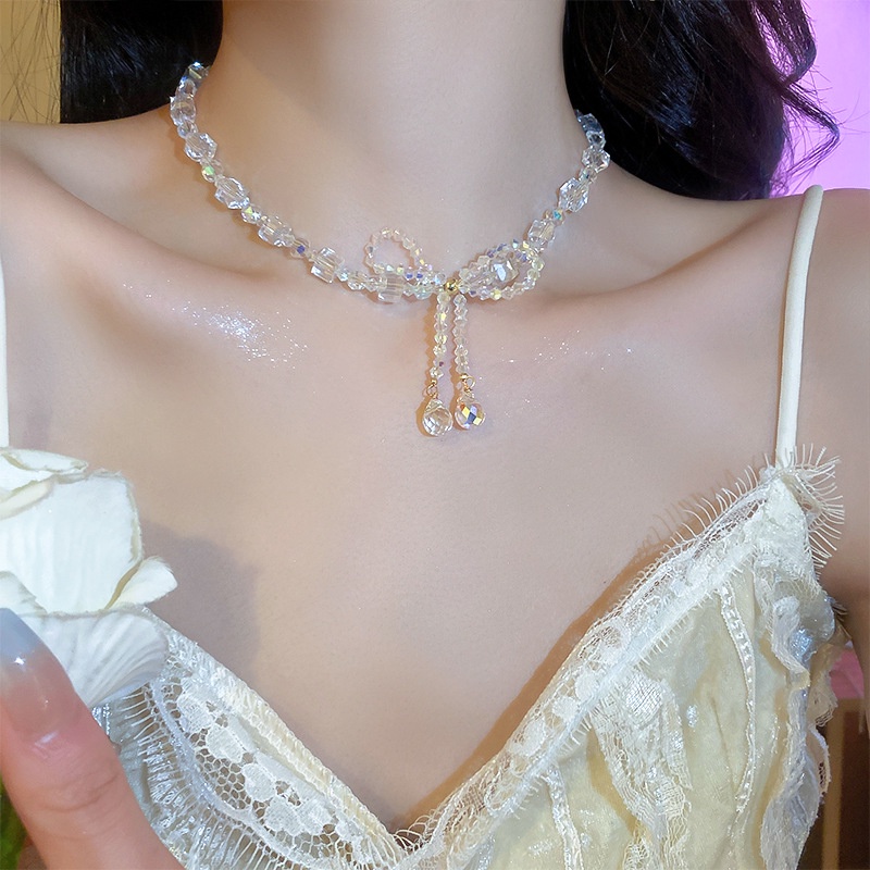 Kalung Busur Kristal Fashion Korea Niche Cahaya Mewah Rantai Klavikula