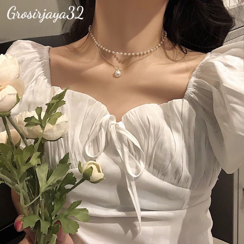 Kalung Amelia Choker Rantai Klavikula Double Layer Aksen Mutiara Korean Import