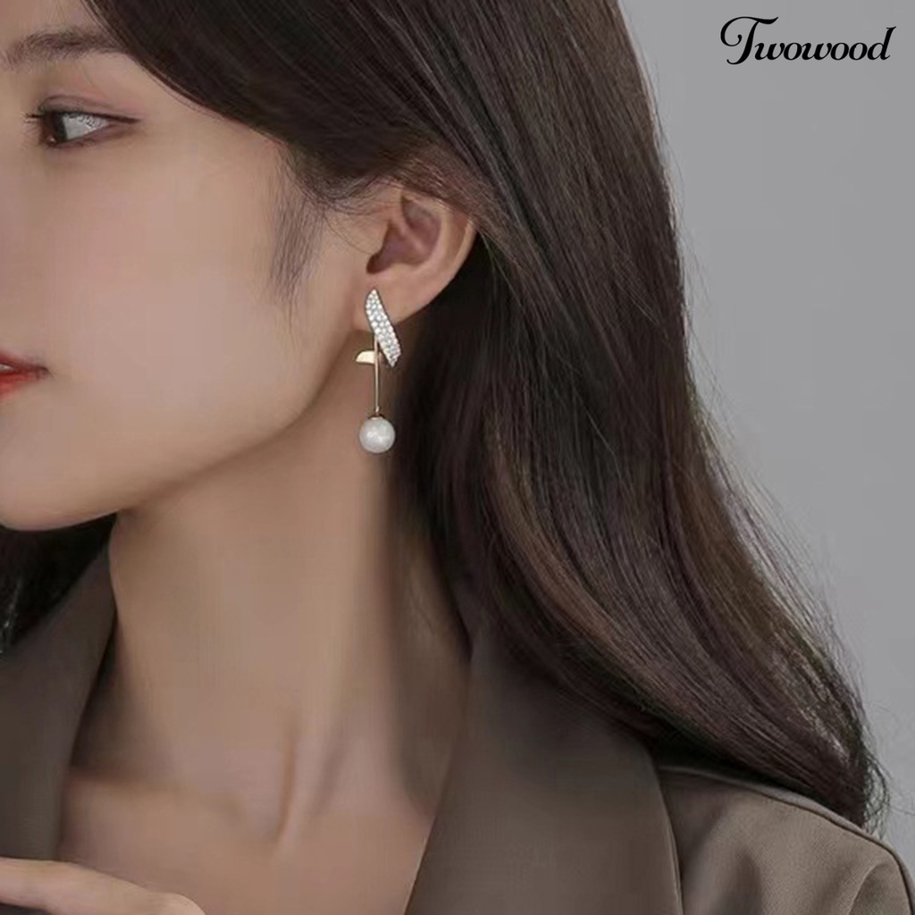 Twowood 1pasang Anting Pejantan Bling Berlian Imitasi Mewah Elegan Berkilau Mutiara Imitasi Menjuntai Anting Fashion Perhiasan