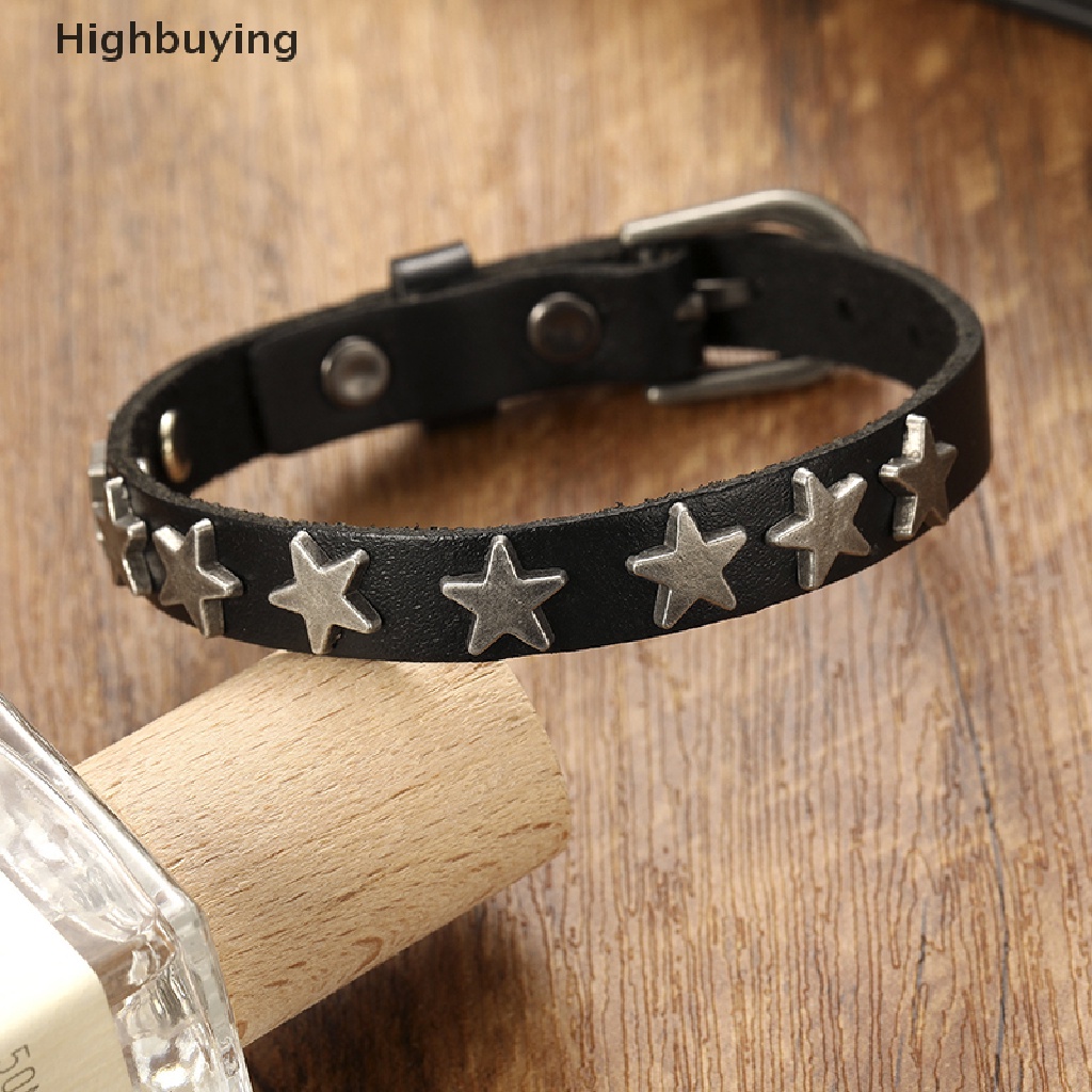 Hbid Punk Vintage Sabuk Gesper Gelang Lilit Paku Bintang Rivet Gelang Kulit Cuff Bracelet Glory