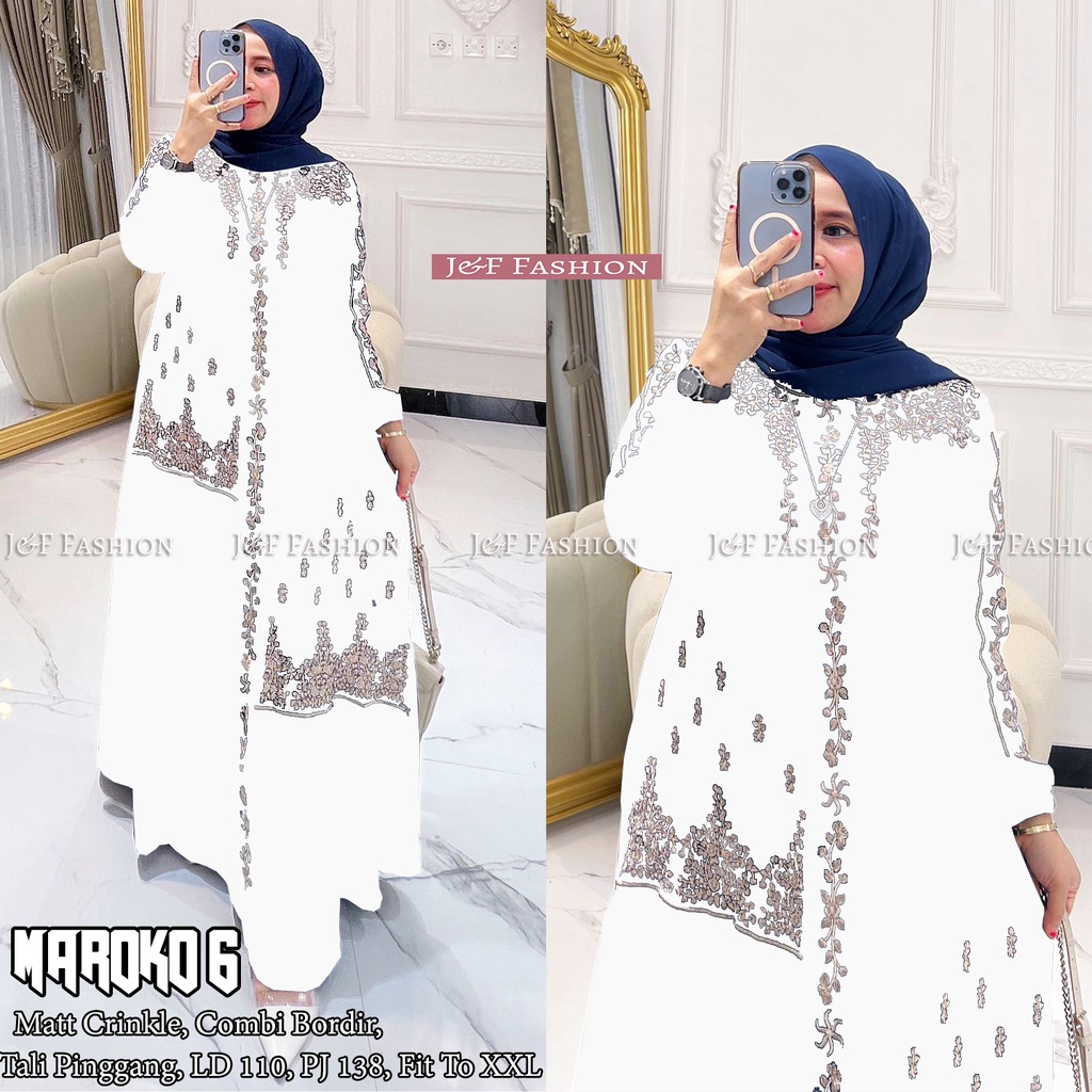 Premium Maroko 6 Maxy Gamis Crinkle Bordir Terbaru Busui Freindly Qirani Maxy Gamis Putih Wanita Gam
