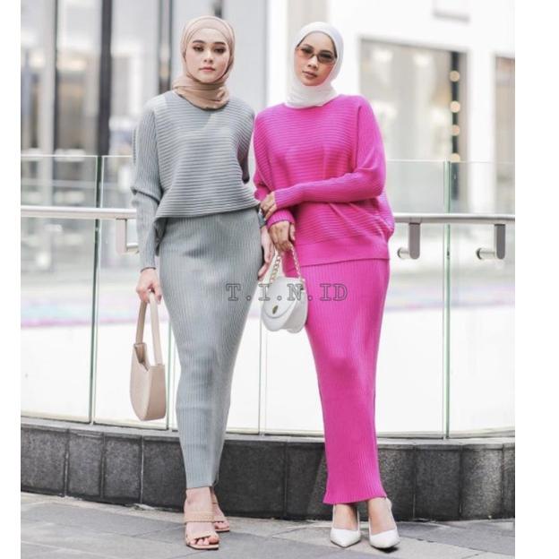 ☇ Setelan rajut rok span premium Long rib knitted set skirt ✺