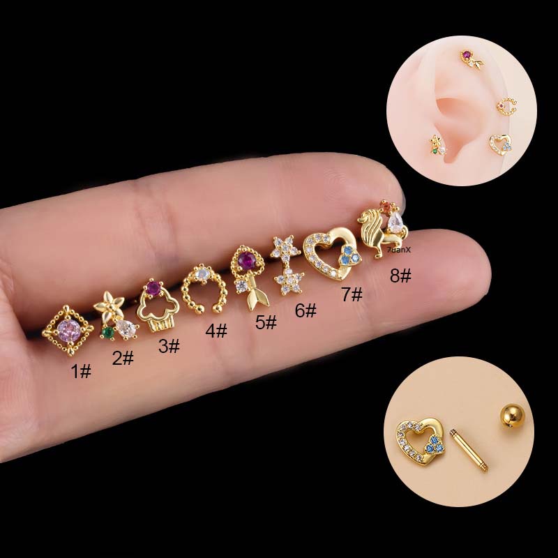 1biji Jantung Bunga tragus Tulang Rawan Anting stud helix pinna Tindik Lobek 16Gauge Berlapis Emas Perak