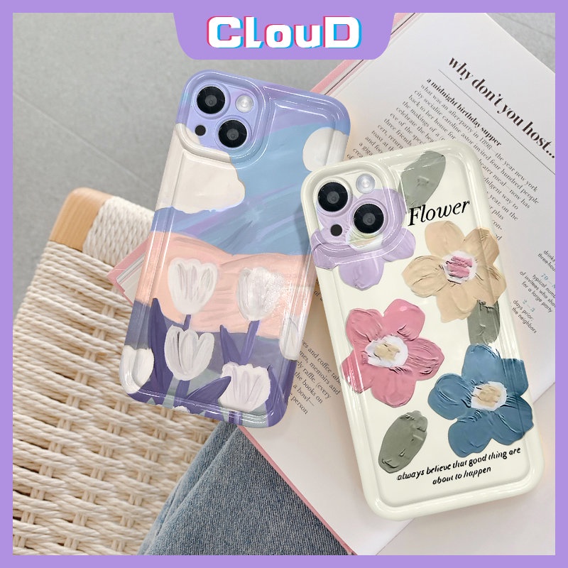 IPHONE Lukisan Cat Minyak Bunga Shockproof Airbag Case Kompatibel Untuk Iphone6 7plus11 13 14 12 Pro Max X XR XS Max 6s 8plus SE 2020 Art Fresh Flower Tulips Back Soft TPU Phone Cover