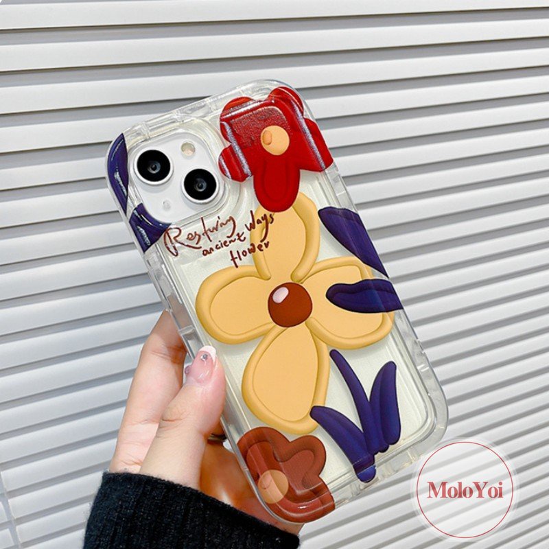 IPHONE Ins Korea Fashion Bunga Lukisan Cat Minyak Case Kompatibel Untuk Iphone11 13 12 14 Pro Max 7Plus 8Plus XR X6 6s 8 7 Plus XS Max SE 2020 Shockproof Airbag Phone Soft Tpu Cover