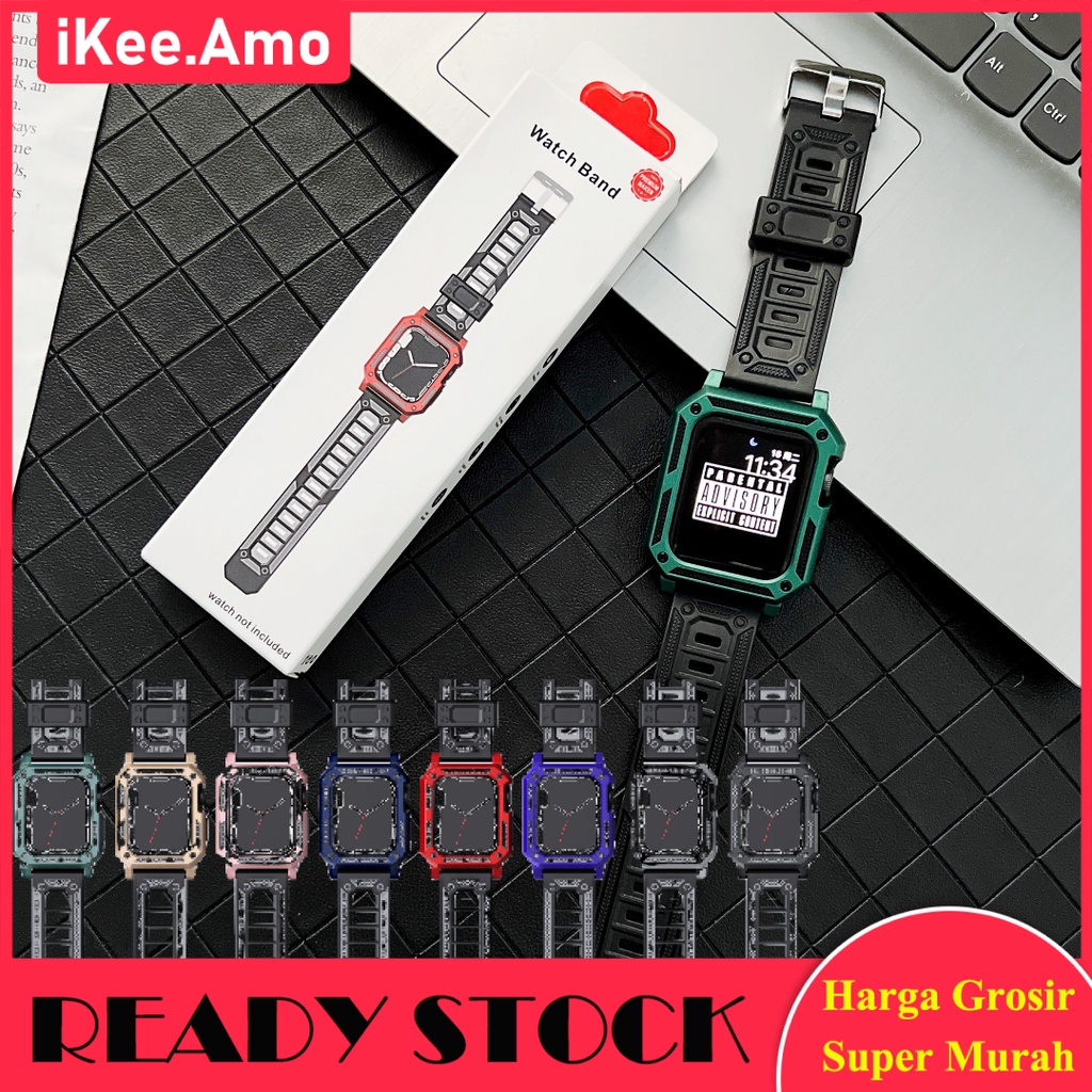 2in1 iWatch Strap with Bumper Case bahan Silikon Rubber Tampilan Sporty Untuk Apple Watch Series 7 6