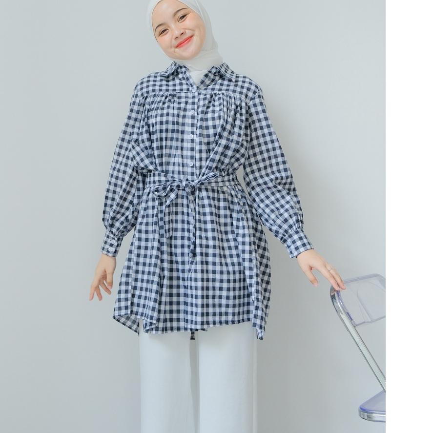 ☛ Mayoutfit Jieva Tunic | Tunik Tali Pinggang Layer Motif Gingham Kotak ♦
