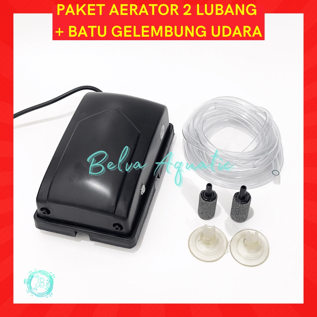 PAKET AERATOR 2 LUBANG + BATU GELEMBUNG UDARA / SPONGE FILTER + SELANG AQUARIUM Set Pompa Udara 2 Output Termasuk Air Stone Airstone Atau Bio Sponge Spons Biofoam dan Slang Aerasi Oksigen Ikan Tank Akuarium