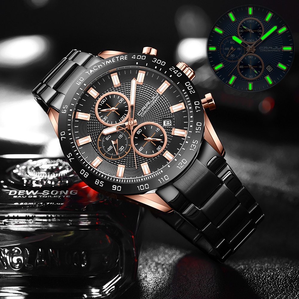 CRRJU Jam Tangan Pria Original Anti Air Mode Bisnis Kuarsa Tali Stainless Steel Crononya Aktif Jam Tangan Cowok
