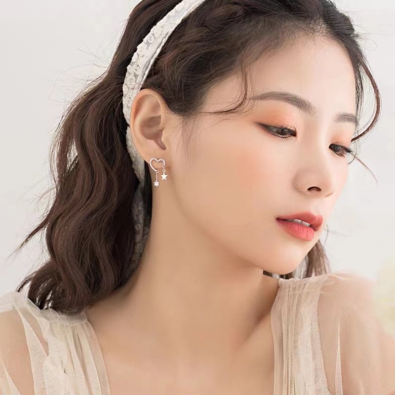 Papaozhu Elegan S925 Perak Bersinar Zirkon Hati Bintang Stud Anting-Anting Untuk Gadis Wanita Korea Berkilau Peach Jantung Anting-Anting Temperamen Telinga Ornamen