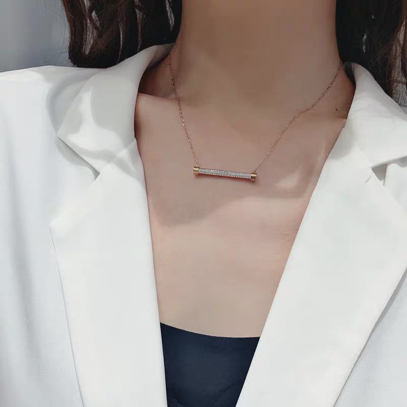 Kalung Berlian Imitasi Model Datar | Kalung Rantai Dengan Liontin Strip Horizontal Full Berlian Imitasi Untuk Wanita | Aksesoris Wanita Bahan Stainless Steel