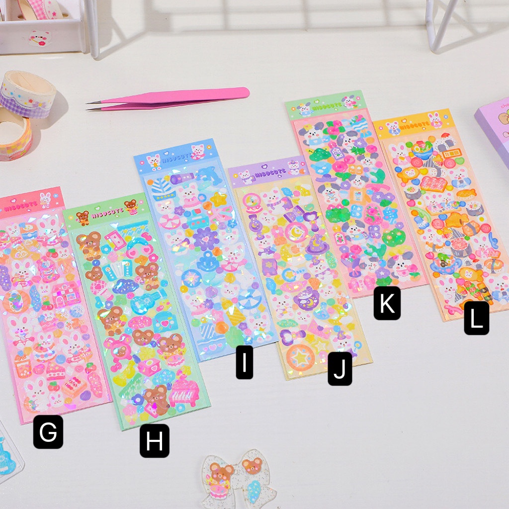 Stiker deco hologram korean cute bear rabbit dekorasi photocard jurnal