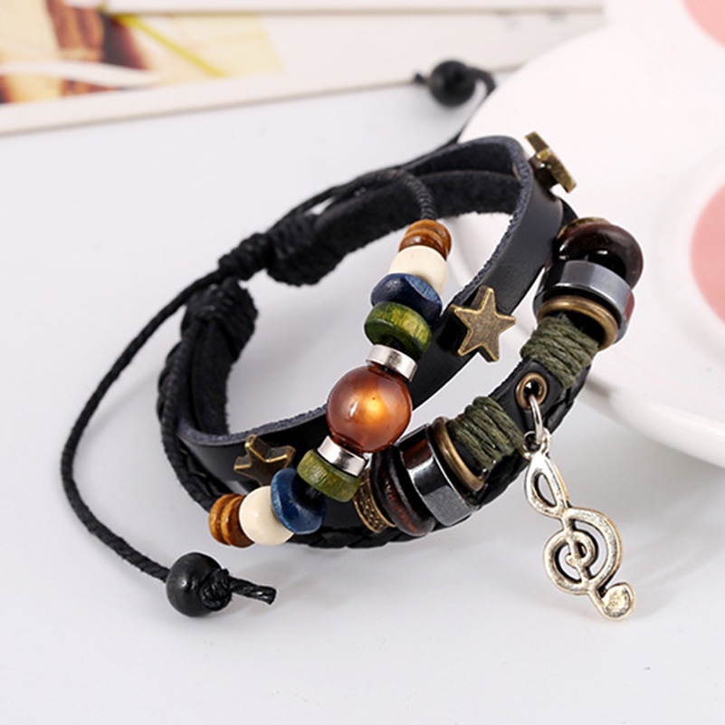 Boho Gypsy Hippie Desain Kulit Coklat Bintang G Clef Logam Charms Tombol Kayu Manik-Manik Bungkus Unisex Adjustable Gelang