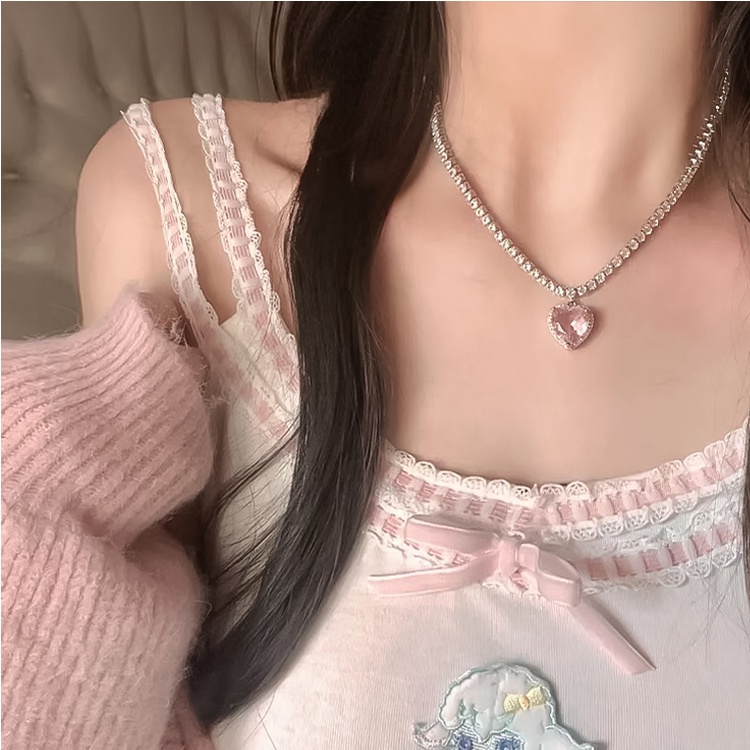 YEEZII Shiny Pink Zircon Heart Pendant Necklace Choker for Women Silver Chain Jewelry Accessories