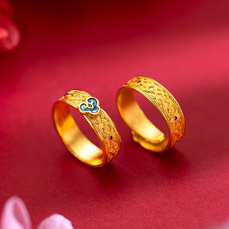 Goldkingdom Perhiasan Fashion Emas Asli Kadar 375Bangkok Aksesoris Ready Stock Gaya Pasangan Membakar Enamel Biru Ruyi Berlapis Emas Cincin Retro Pria Dan Wanita