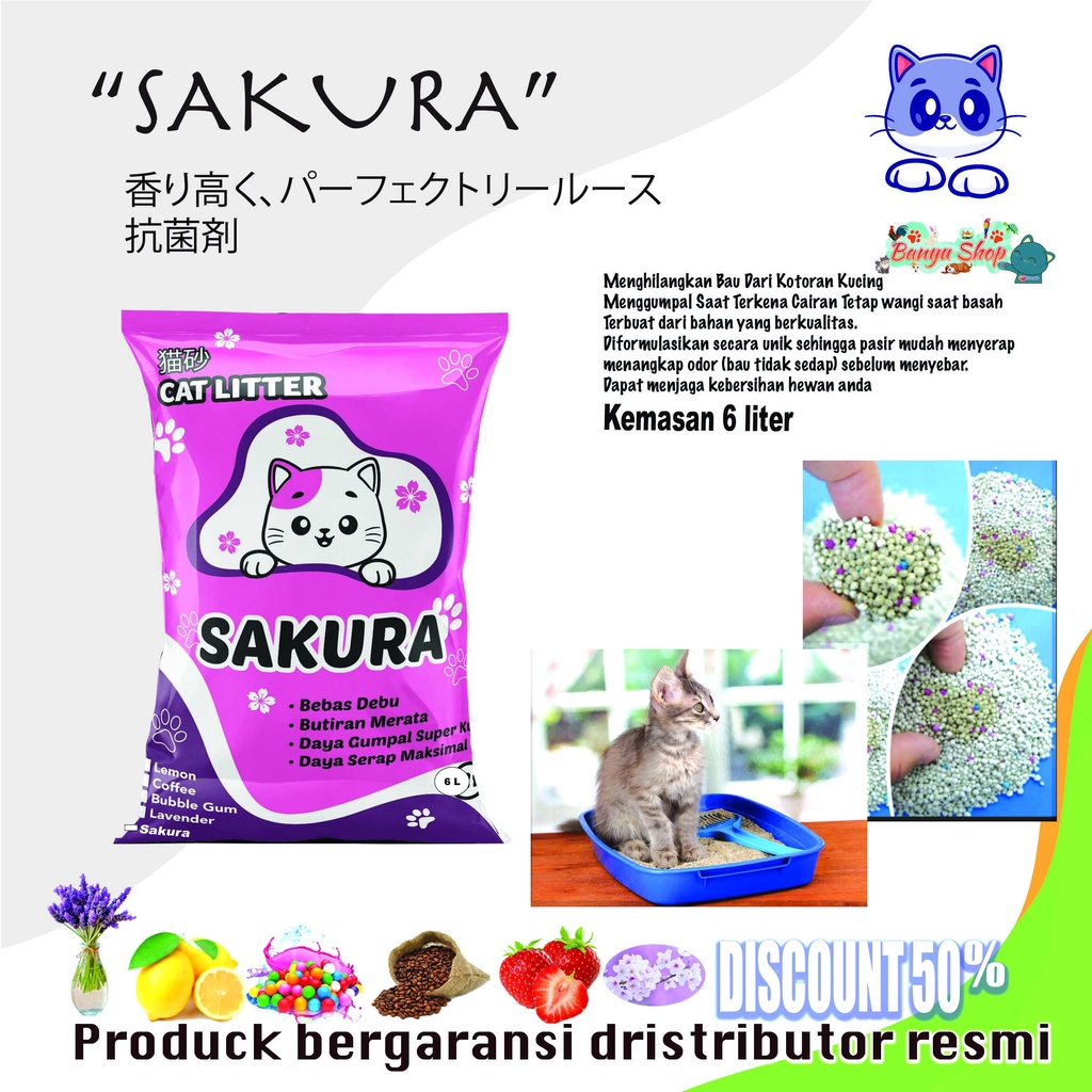 LAGI PROMO-HARGA MURAH 6 LITER PASIR KUCING GUMPAL WANGI SAKURA-PASIR GUMPAL DAN WANGI-GROSIR DAN ECERAN KEBUTUHAN KUCING