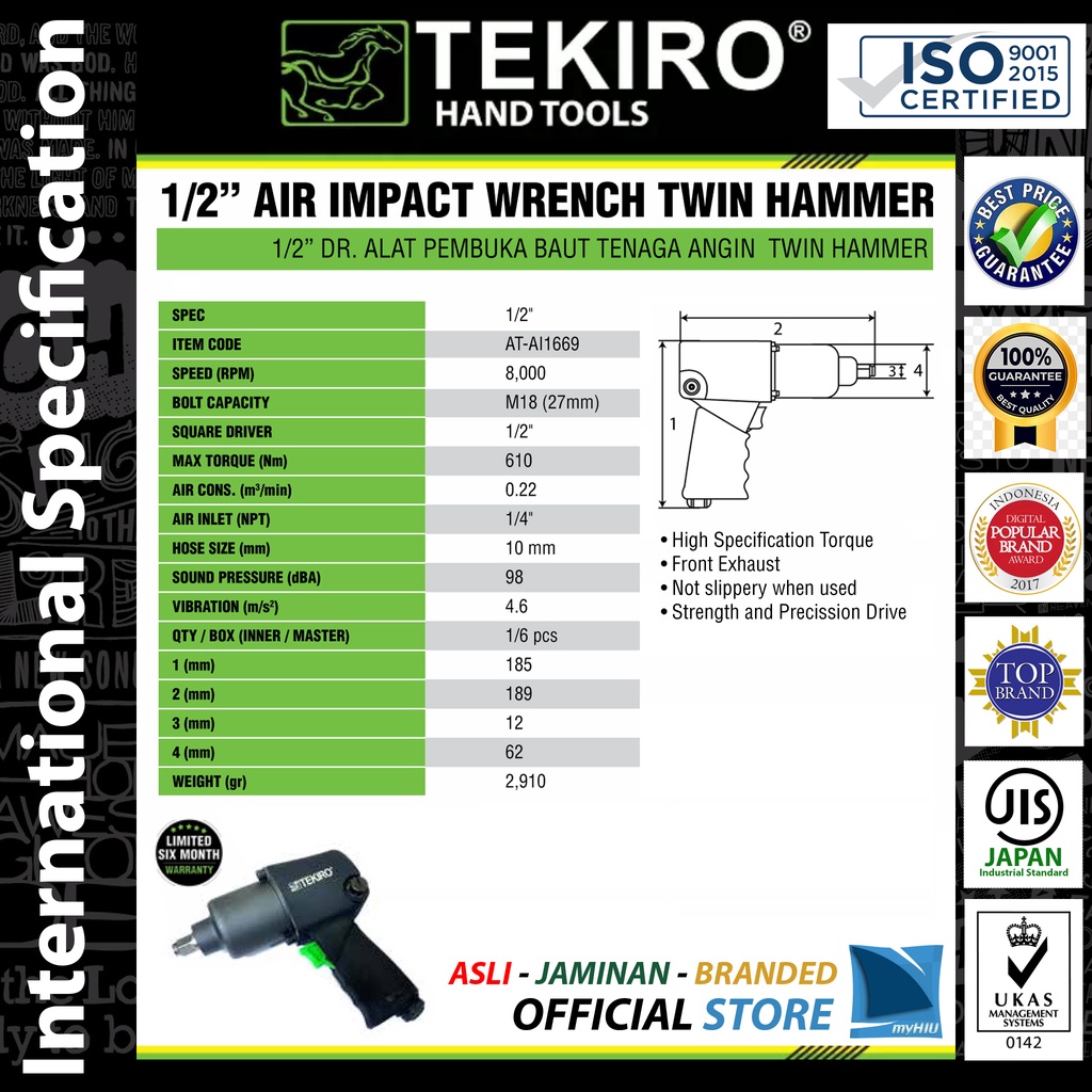 Kunci Sock Angin 1/2&quot; inch DR. Palu Ganda / Twin Hammer Air Impact Wrench TEKIRO