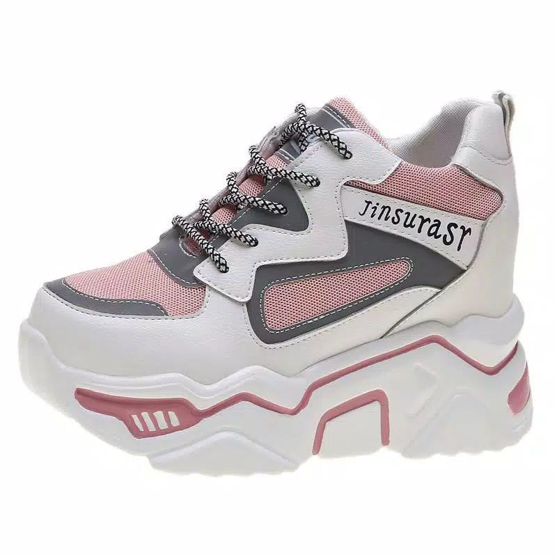 Sepatu Sneakers Wanita Cladiva Putih Pink Tali Casul Style Import Korea Jinsurast Sol Tinggi 5cm FSH146