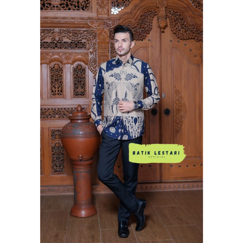 PARIKESIT BIRU Kemeja Batik Pria Slimfit Lengan Panjang Lapis Furing Katun Halus Premium Modern Sragenan