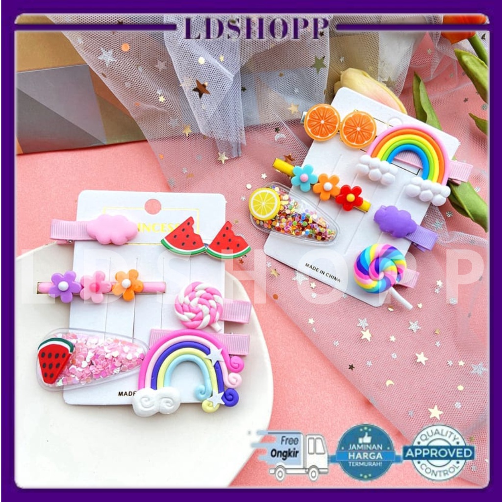 LDS Jepit Rambut Anak Poni Rainbow Buah Permen 6 in 1 / Hair Clip Pelangi Candy Fruit Motif Karakter Lucu / Aksesoris Gaya Korea Import Murah