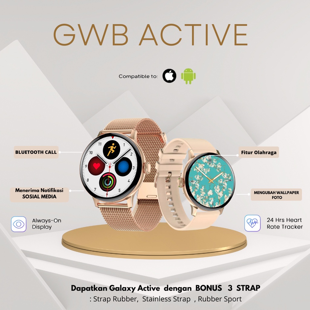 GWB Active Smartwatch Original AMOLED Screen Sports Fitness Menghitung Kalori Bluetooth Call Health Monitoring Bergaransi[FREE 2 STRAP]