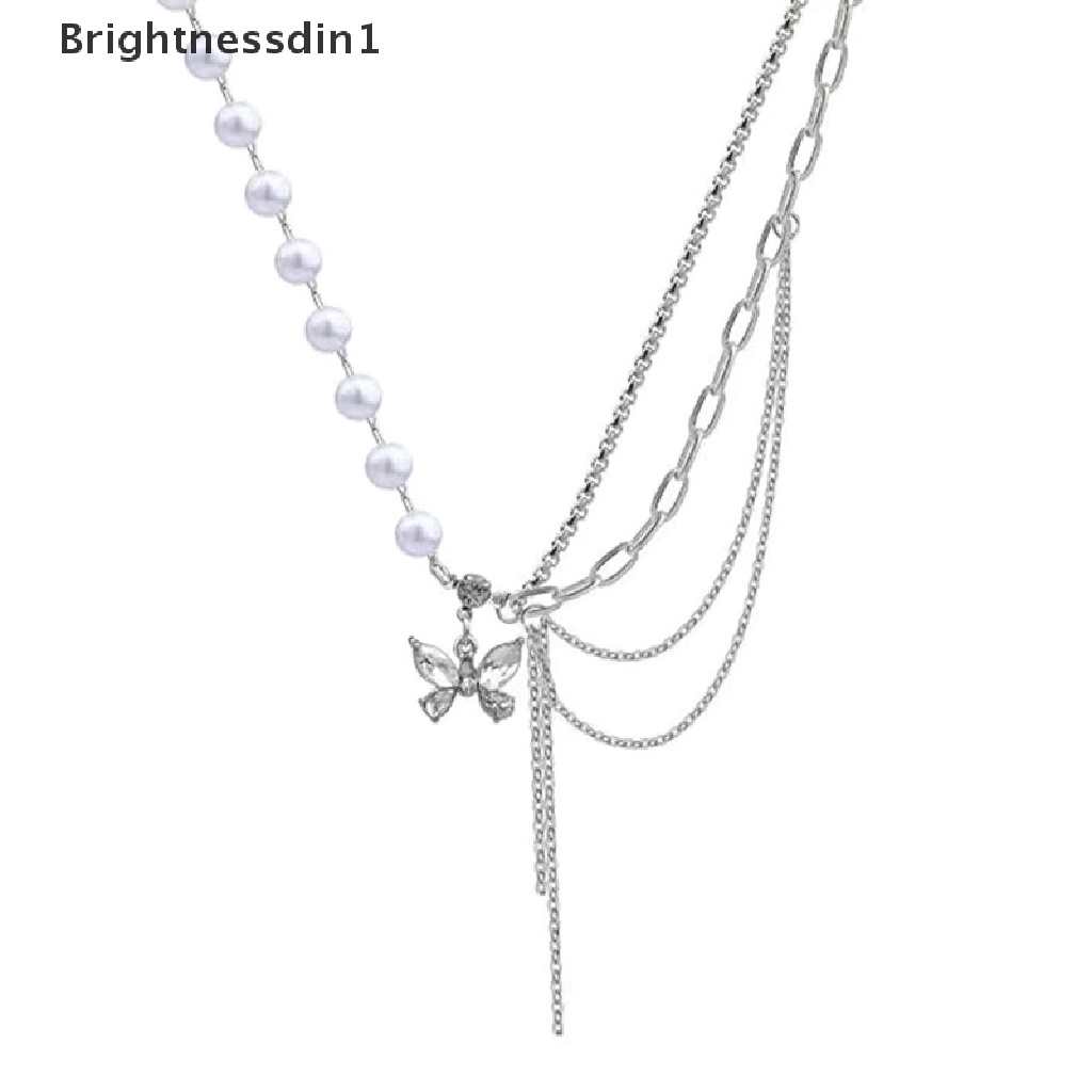 [Brightnessdin1] Kalung Kupu-Kupu Kristal Mengkilap Kalung Rantai Klavikula Mutiara Multi-layer Yang Indah Untuk Wanita2022 Tren Butik Perhiasan Aesthetic