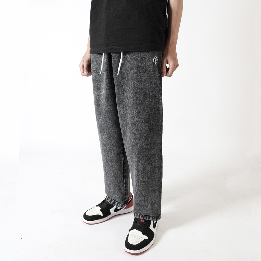 Pluviophile - Relaxed pants celana Baggy relaxed Gombrong Jeans karet Denim BlackSandwash