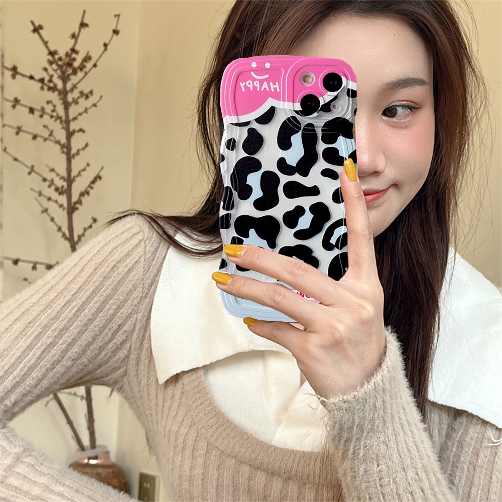 Trend Case OPPO A17k A17 A77S A57 A16 A16K A16E A55 A95 A96 A94 A76 A12 A5s A15 A54 A7 A53 A3s A31 A52 A92 F9 F11 Reno5 Wavy Edge Denim Patch Happy Leopard Print Soft Couple Case