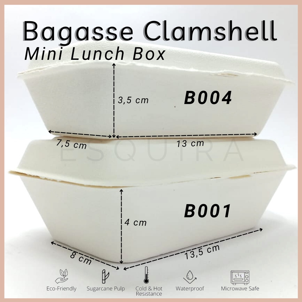 Bagasse Clamshell  / Mini Lunch Box /  Packaging makanan Serat Tebu 600 ml / 10 Pcs / B001